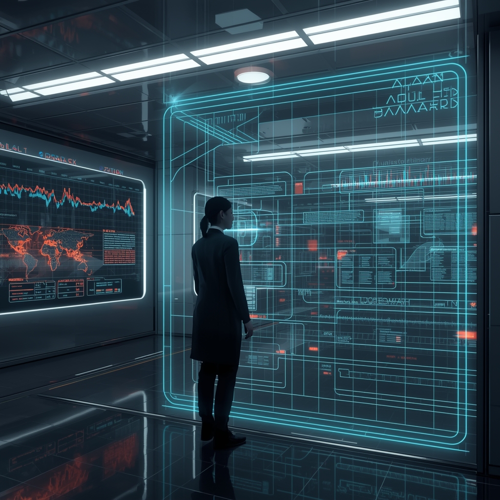 A futuristic research environment with digital trend maps, glowing data timelines and holographic projections, no people, no text